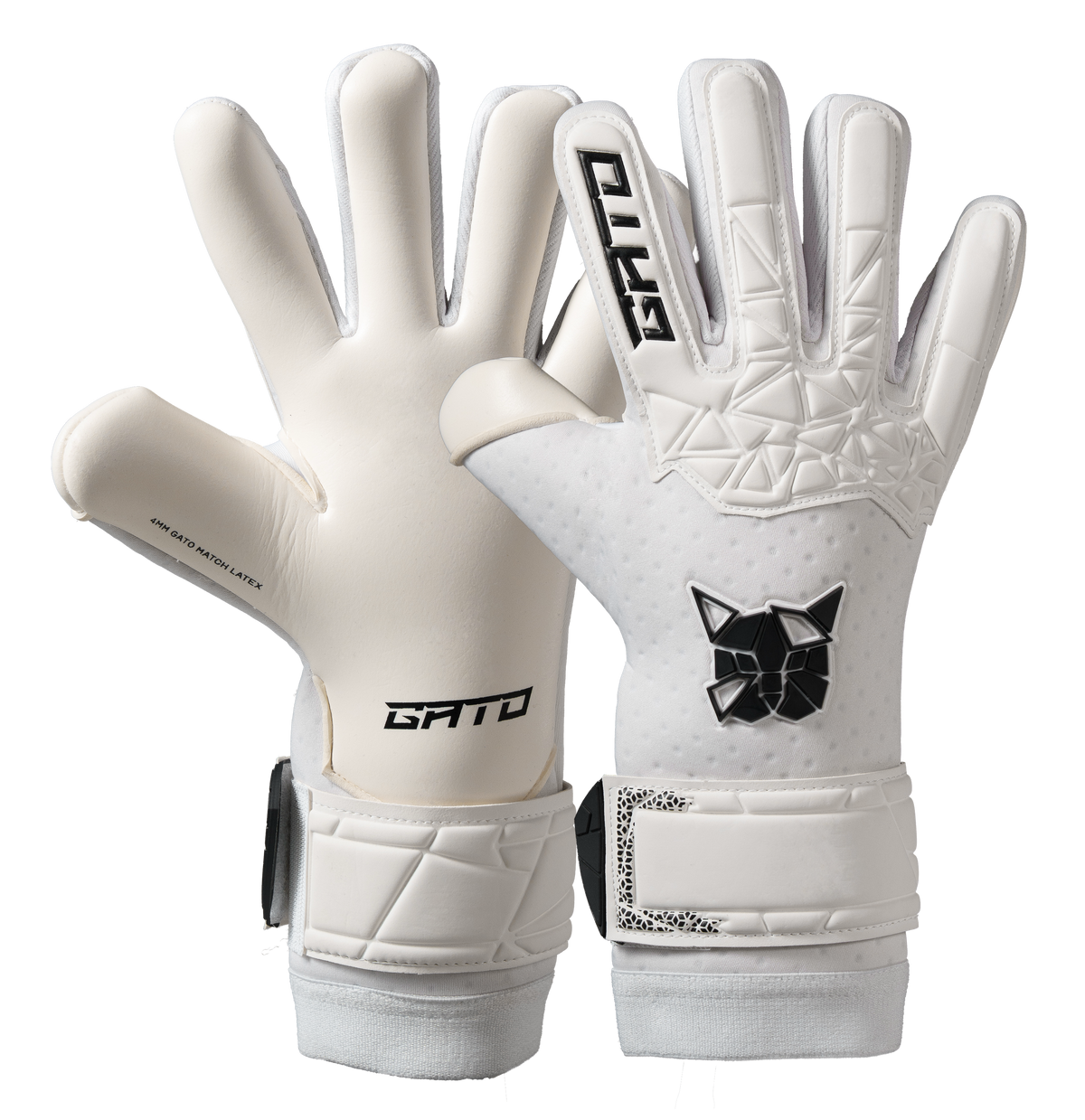 GATO Classic Match goalkeeper gloves, white pair showing palm and backhand