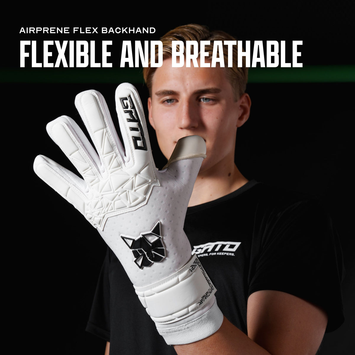GATO Classic Match glove backhand with Airprene Flex, goalkeeper holding a ball