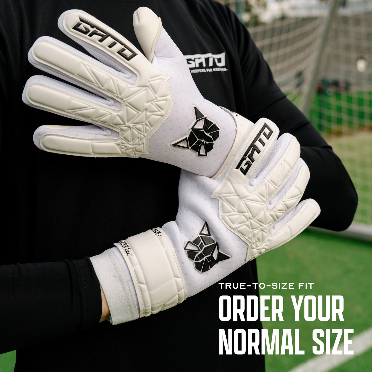 Goalkeeper wearing GATO Classic Match gloves, sizing: order your normal size