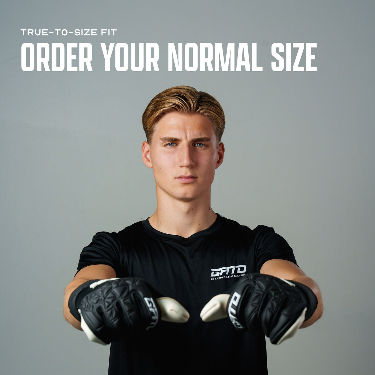 Goalkeeper wearing GATO Classic Training gloves, sizing: order your normal size